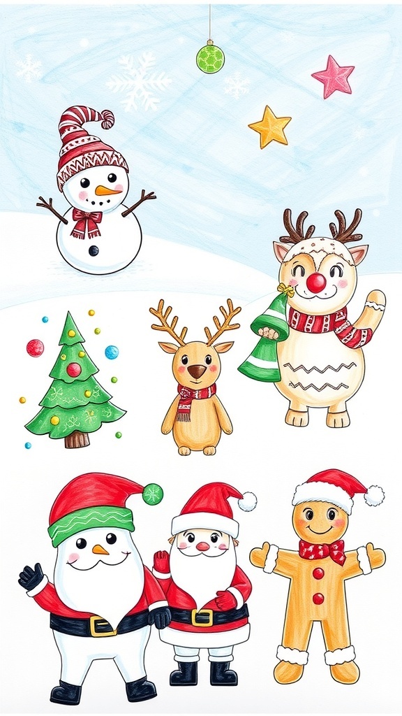 Cute Christmas drawings including a snowman, reindeer, Christmas tree, Santa, and gingerbread men.